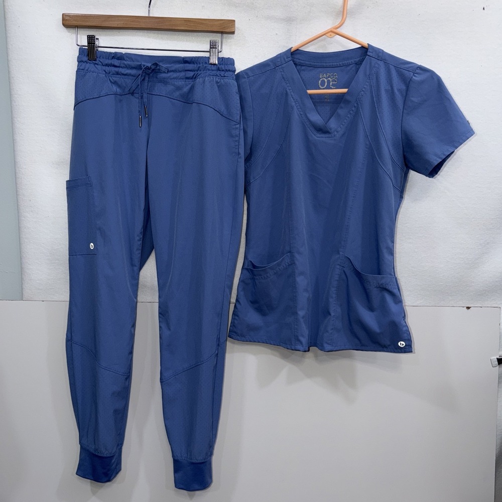 Barco One Ceil Blue Scrub Set Top XS Pants‎ XSP Women's  V-Neck Jogger Uniform